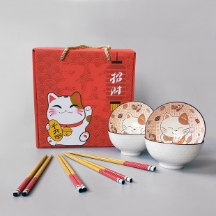 Набір керамічних піал для рису із зображенням кота удачі (4шт)
