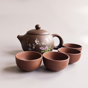 Чайний набір з коричневої глини на 4 особи Співоча пташка